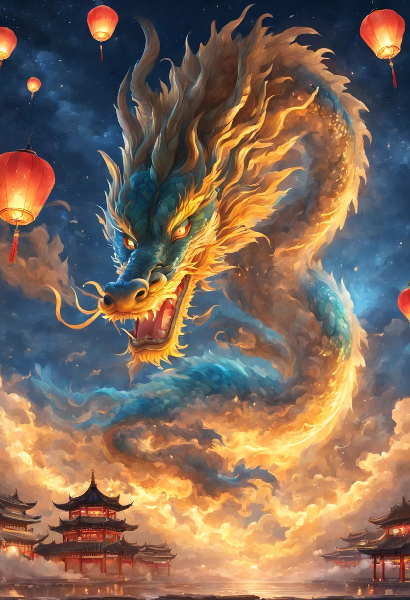 A majestic Chinese dragon soars in the night sky，Emoticon smiling，night background，Kongming Lantern，intricate details.(best quality, high resolution, masterpiece:1.2)