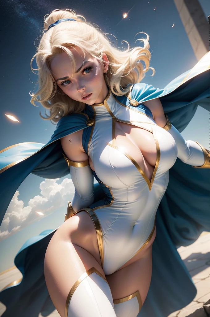 york city, time square, With a v-neckline reaching mid-tummy, terra Zor-l, known as Power Girl, radiates cosmic energy in her iconic white bodysuit, blue gloves, endowed with superhuman strength and vision of heat, She soars through the skies with unrivaled grace and power. Her keen intellect and indomitable spirit drive her to uphold justice. The Power Girl costume, worn by Terra Zor-l, is a symbol of her strength and commanding presence. With a bold design, it features a wide V-neckline to the waist, in contrasting shades of white and deep blue. the "em" neckline highlights her confidence, while the cape flowing behind her evokes a sense of majesty as she soars through the skies. The combination of elegance and power in the costume reflects the heroine's fearless personality and superhuman ability.