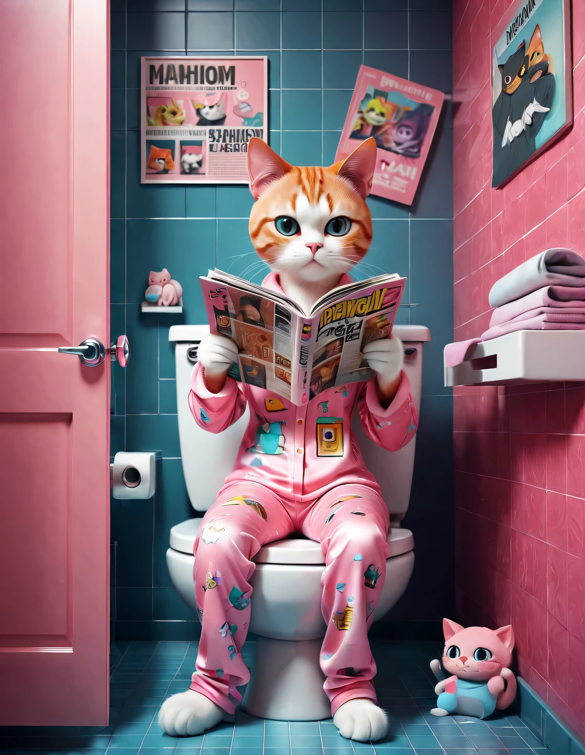 With folk art style,
(A cute female cat sitting on the toilet，While reading a thick and large fashion magazine), (Wearing eyes), Pink pajamas, Wear hip-hop style pajamas and over-the-top pajamas, Detailed and beautiful details,
background: Bathroom 3D rendering, cartoon, illustration, Pixar, cartoon, ultra high definition, high quality, 32k,