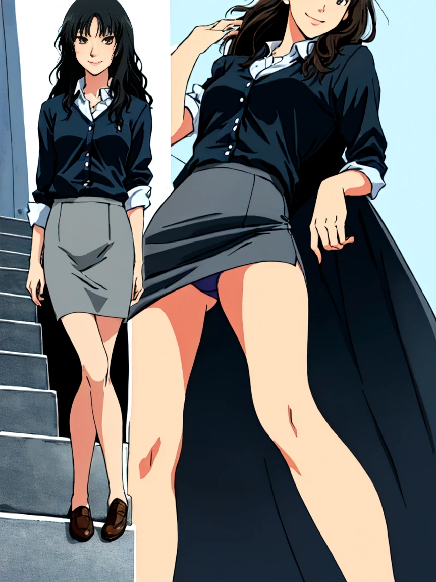 highest quality, ultra high resolution, (realistic: )2D official style cel animation,(multiple views)Amagami office uniform,Gray pencil skirt,summer shirt.unlock button,good,panties,long hair,straight hair,full body portrait,from below,In front of the station,Sunny,smile,Low - Angle