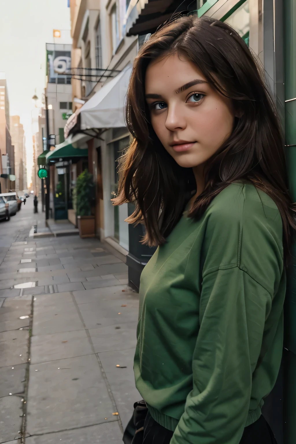 19 year old brunette girl with green eyes in the city