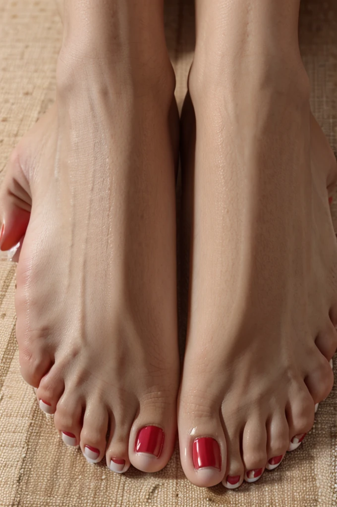 photo of feet, just feet, nails polished red, ultra hd, realistic