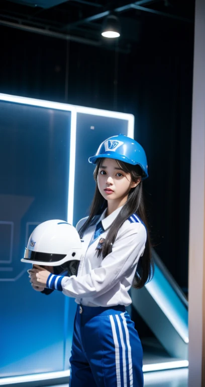 araffe woman in a blue and white uniform holding a helmet, li zixin, jinyoung shin, lee ji-eun, lee ji - eun, jaeyeon nam, korean girl, e-sport style, shin min jeong, park ji-min, xintong chen, sun yunjoo, xision wu, kda, heonhwa choe