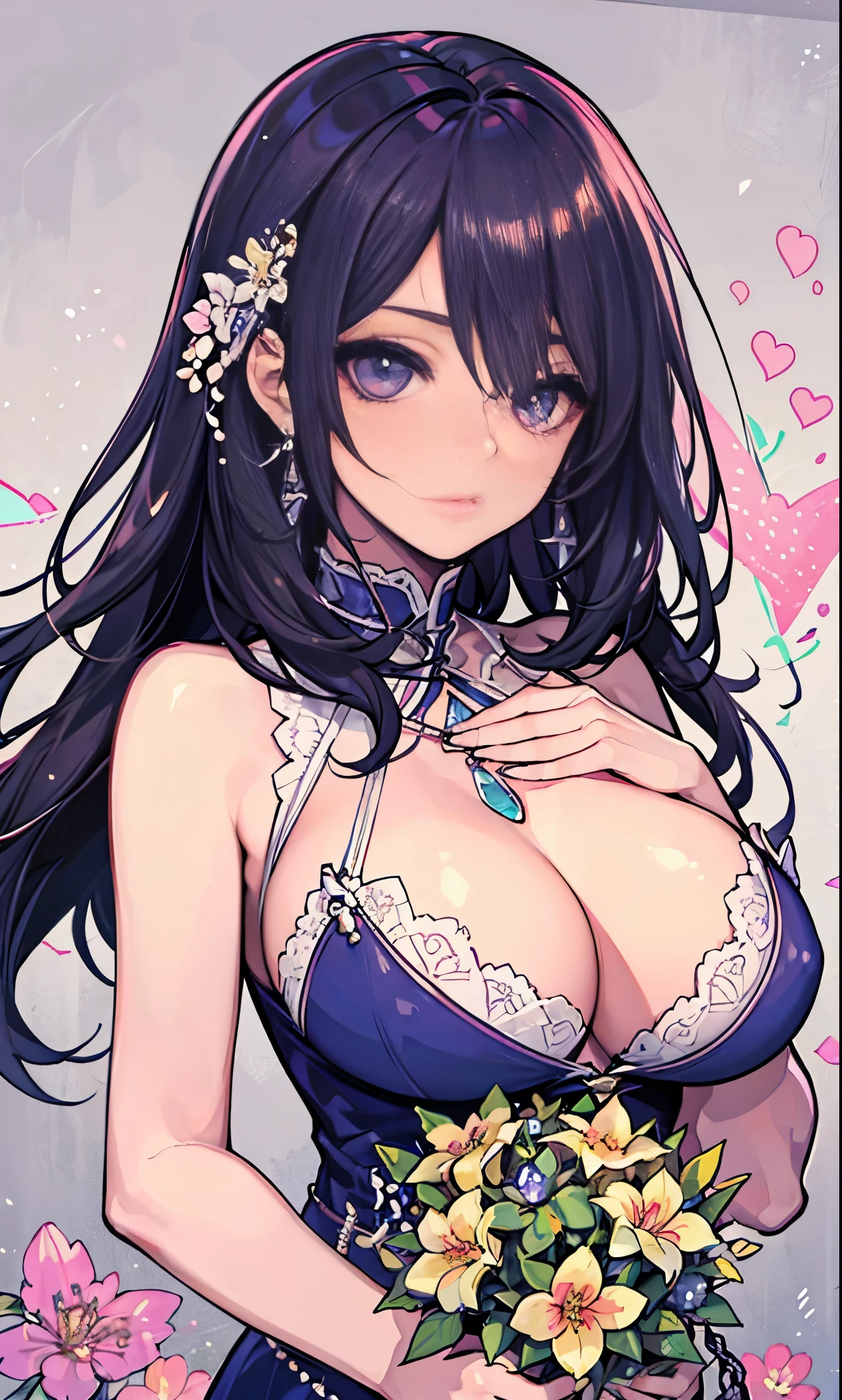 highest quality, clear and well-groomed face, Clear, bright and shining eyes, long eyelashes, punk girl, earrings, Holding a bouquet of colorful flowers, big breasts, hold a bouquet of flowers in your chest,