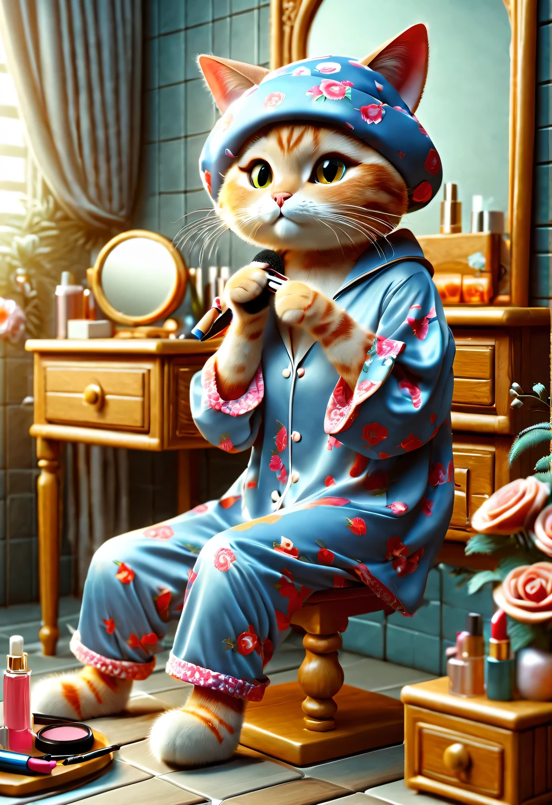 With folk art style,
(A cute female cat sitting in front of the dressing table and putting on makeup),put on nightcap,Wearing hip-hop style pajamas,Wearing an exaggerated nightcap,detailed details,beautiful details,lipstick,Makeup Pen,perfume,flowers,Magazine,
background:Bathroom 3d rendering, cartoon,illustration,Pixar,cartoon,ultra high definition, high quality,32k,