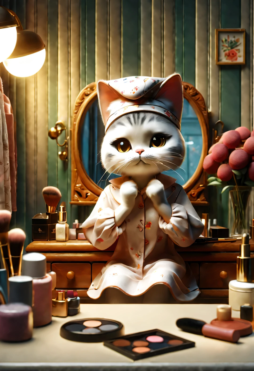 With folk art style,
 （A cute female cat sitting in front of the dressing table and putting on makeup），put on nightcap，Wearing hip-hop style pajamas，Wearing an exaggerated nightcap，detailed details，beautiful details，lipstick，Makeup Pen，perfume，flowers，Magazine，
background：Bathroom 3d rendering， cartoon，illustration，Pixar，cartoon，ultra high definition， high quality，32k，