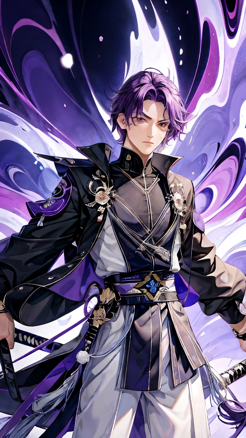 high quality, HD quality, 1Boy, purple hair, purple eyes, male school uniform, katana on his back, serious
