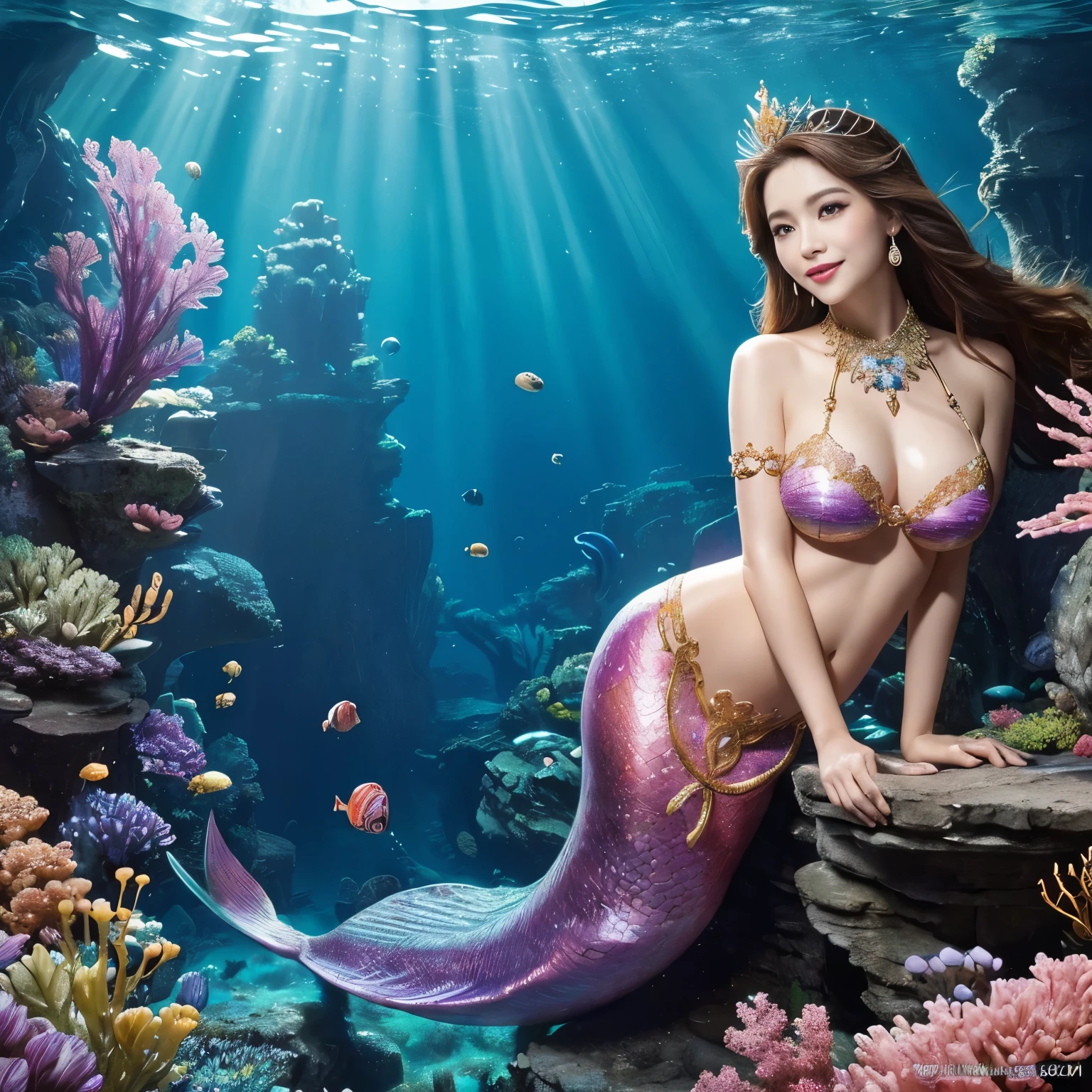 (highest quality、table top、8K、best image quality、hyper realism)、(Little mermaid in the most luxurious and majestic costume:1.1)、(Luxurious transparent sleeve:1.1)、(Mermaid goddess swimming in the beautiful rocky area of the deep sea.:1.2)、(Extremely complex and detailed ocean depictions:1.1)、(There are many beautiful small tropical fish and corals in the sea..............:1.1)、(The most luxurious and luxurious underwater temple:1.3)、(Mysterious and most splendid gigantic Atlantis:1.3)、(Detailed depiction of the beautiful ocean:1.1)、(Unimaginably beautiful and mysterious underwater depictions:1.1)、(Sparkling pink and purple、Realistic scales that shine in every detail:1.2)、(Mermaid goddess swimming in the beautiful rocky area of the deep sea 上半身写真:1.1)、(Accurate mermaid tail and beautiful fins)、Beautiful sea that shines intricately、Clear and detailed background,、(accurate anatomy:1.2)、(perfect hands:1.1)、(The most luxurious and finest jewelry decoration throughout the body:1.1)、golden decoration、the most gorgeous goddess sleeves、the most luxurious decoration、large amount of intricate gemstones、beautiful brown hair、Highly detailed pink and purple scales、(最も贅沢でhighest qualityの巨大ティアラ:1.1)、(that&#39;that&#39;that&#39;that&#39;that&#39;that&#39;that&#39;that&#39;It&#39;s very vivid, Fantastic and mysterious:1.2)、(最も贅沢でhighest qualityのジャイアントネックレス)、Beautiful purple and pink tail of a mermaid、perfect makeup、(the best smile when you look at me:1.2)、(slightly pregnant)