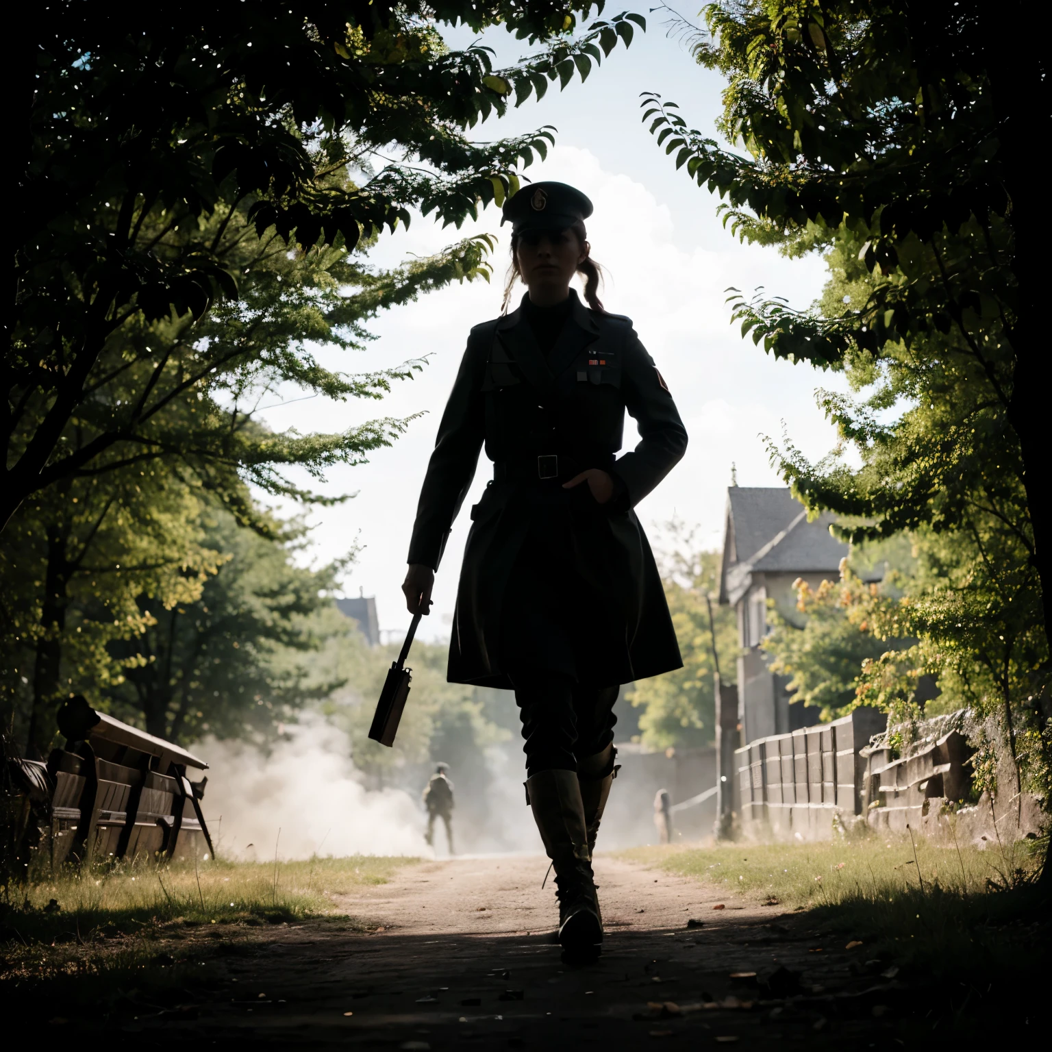 German war background, 2 soldier 1 woman doctor silhouette