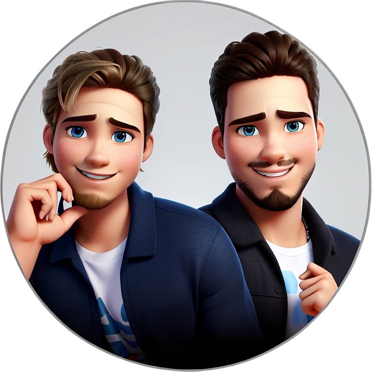 uma dupla de cantores um branco, blue-eyed blonde with a guitar and another dark-skinned singer with a goatee, estilo disney pixar, alta qualidade, melhor qualidade