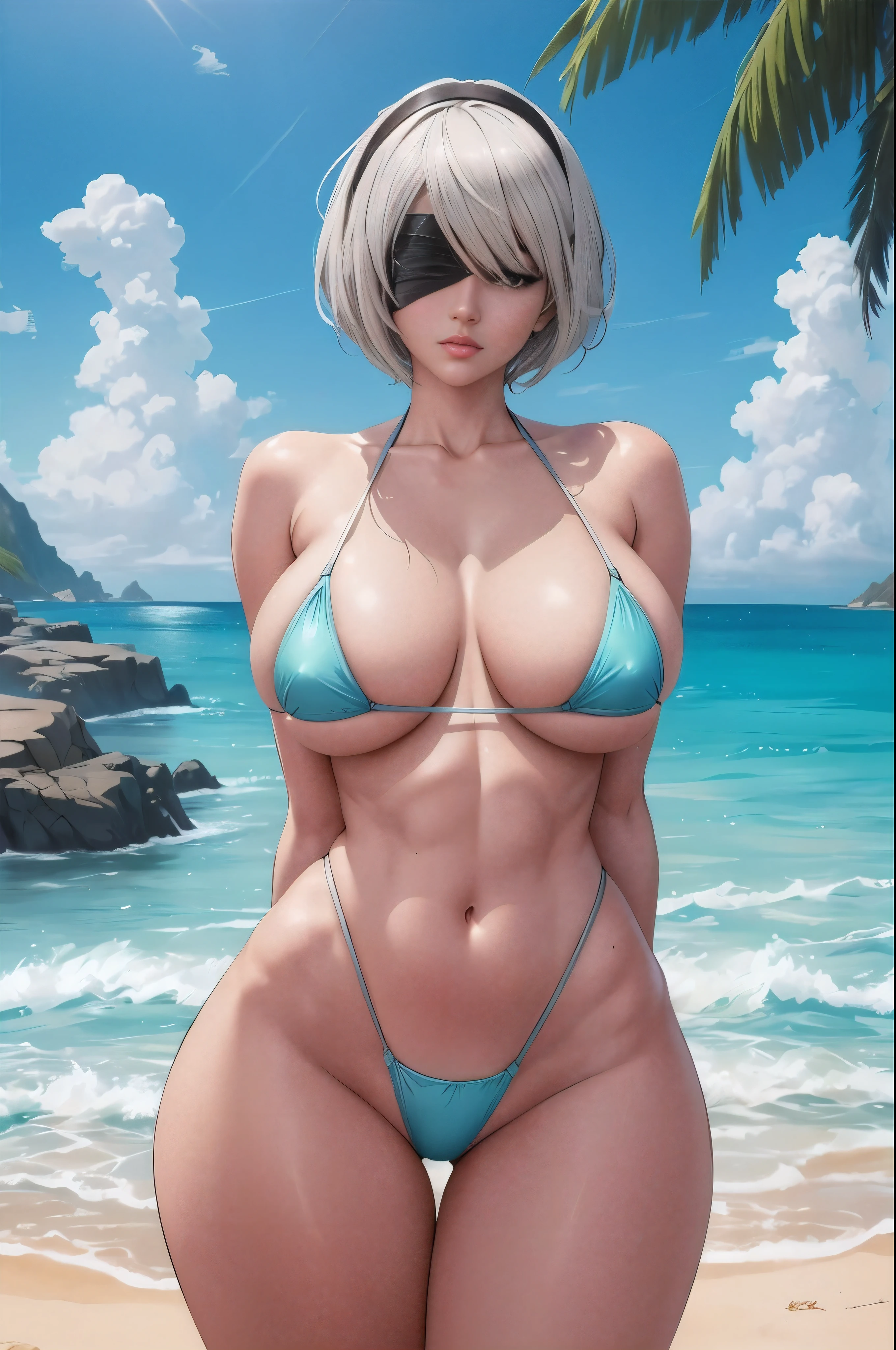 a cartoon picture of a woman in a bikini on the beach, realistic bikini, 2b, 2 b, seductive anime girl, extremely detailed artgerm, 8k high quality detailed art, at the beach, riven, in the beach, detailed digital anime art, perfectly shaded body, realistic shaded perfect body, is wearing a swimsuit