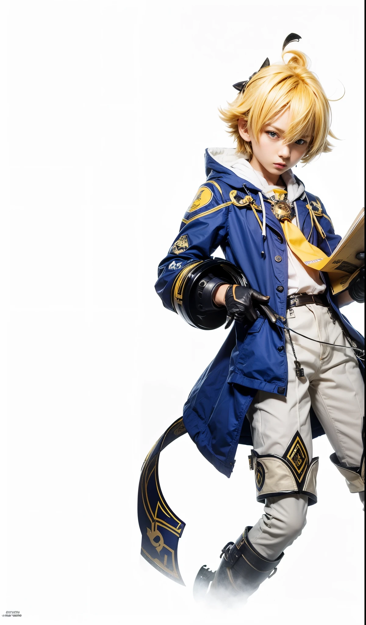 Mika, genshin impact, mondstadt, male, yellow hair, blue eyes, white hoodie inner, blue shirt outer top, yellow necktie, white short, black hand glove, blue ear pierce, brown holy book