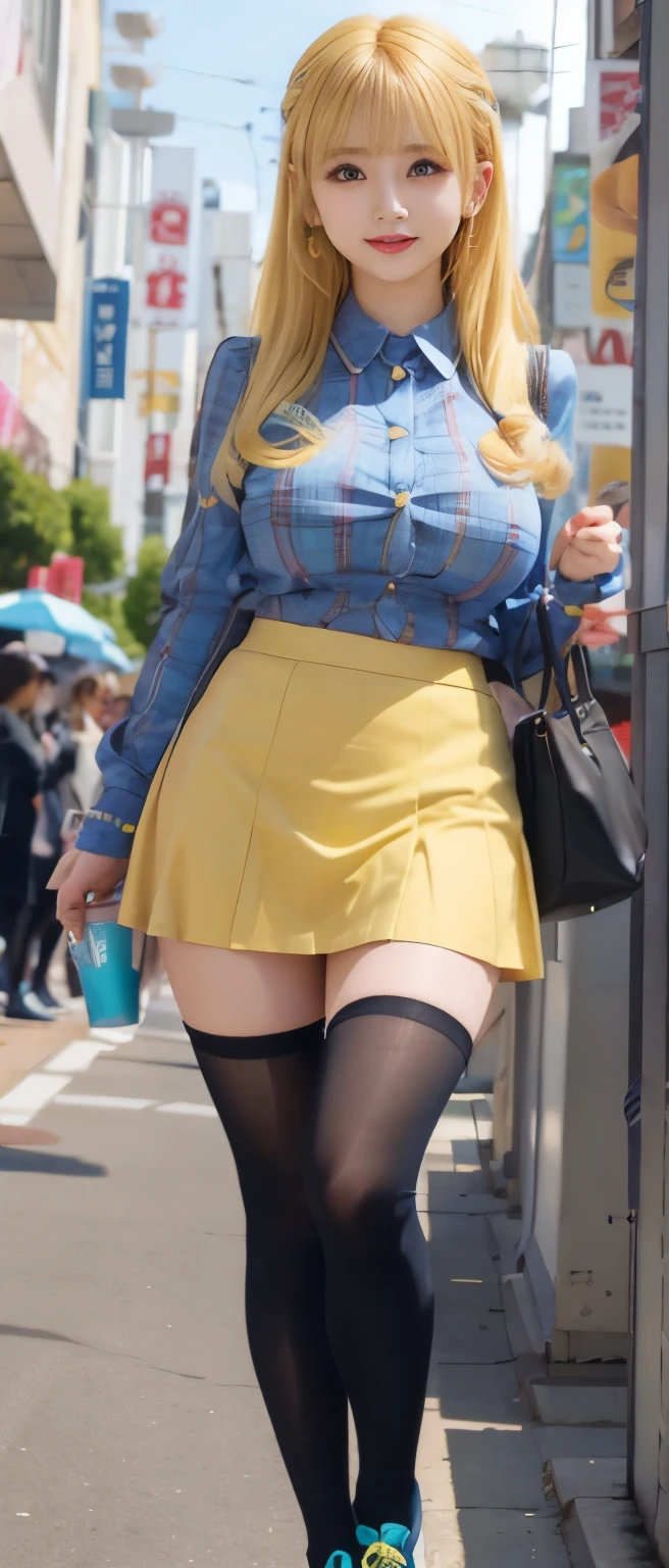 Race Queen Idol、good style、Colorful yellow hair、tight mini skirt、、idol face、very big breasts、Blue Fashion、Colored tights