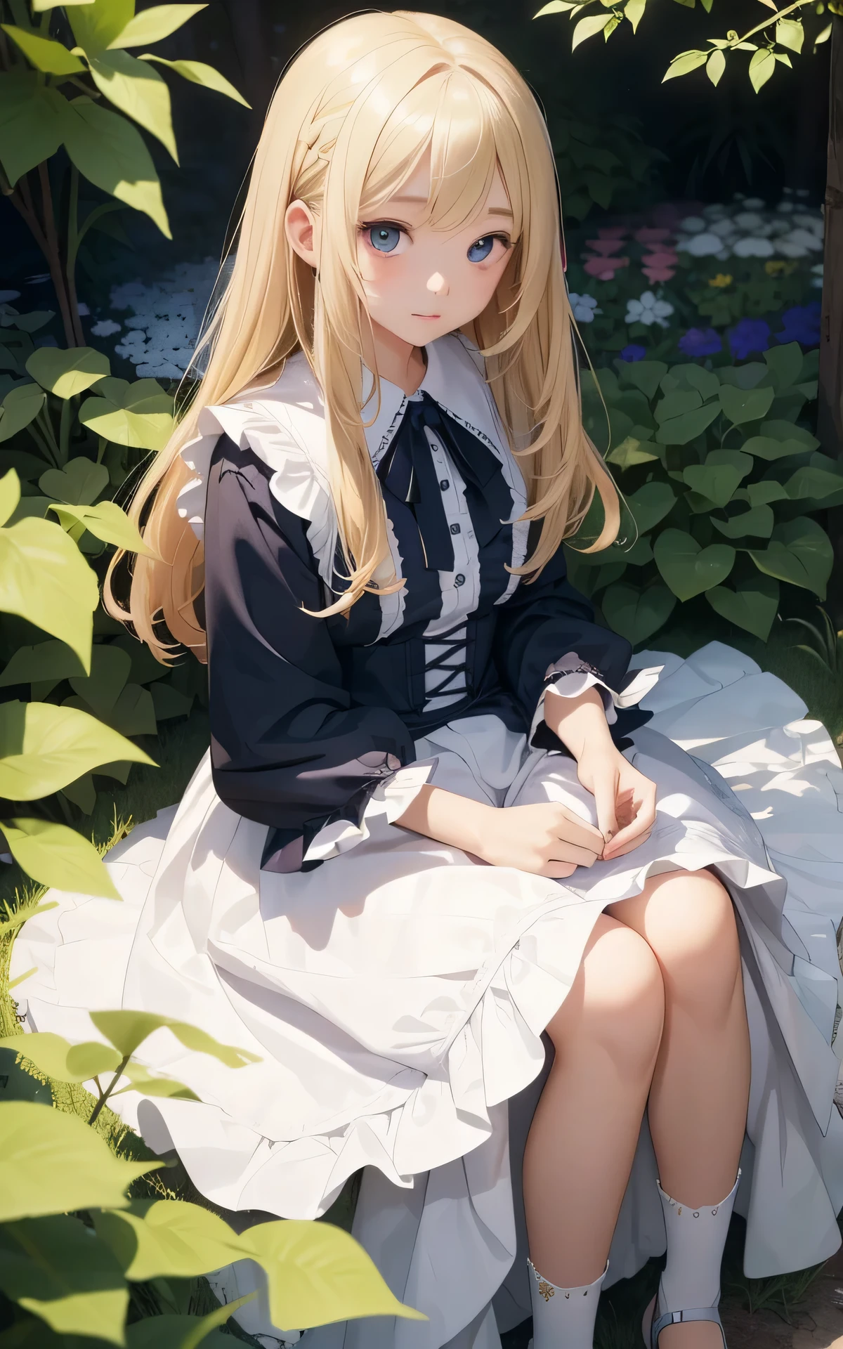 (blond hair:1.3、1girl、10years old、pretty、Flat Lighting、happy:1.2、blouse with ruffles、full body:1.3)、absurd res:1.5、beautiful detailed eyes、perfect eyes、detailed hair、best quality、intricate detailed、Hyperrealistic、detailed background、perfect hands、detailed fingers、dramatic angle、(dark blue eyes、garden、hime_cut、big eyes)
