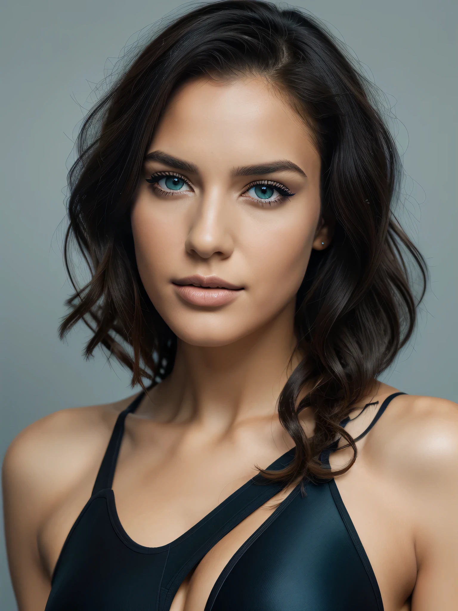 Photo-B&W, Humanity, Model, Bob Hair, Black curly hair, blue-greenish eyes, Emerald swimsuit, Greater Brest, Gray background. portrait shot