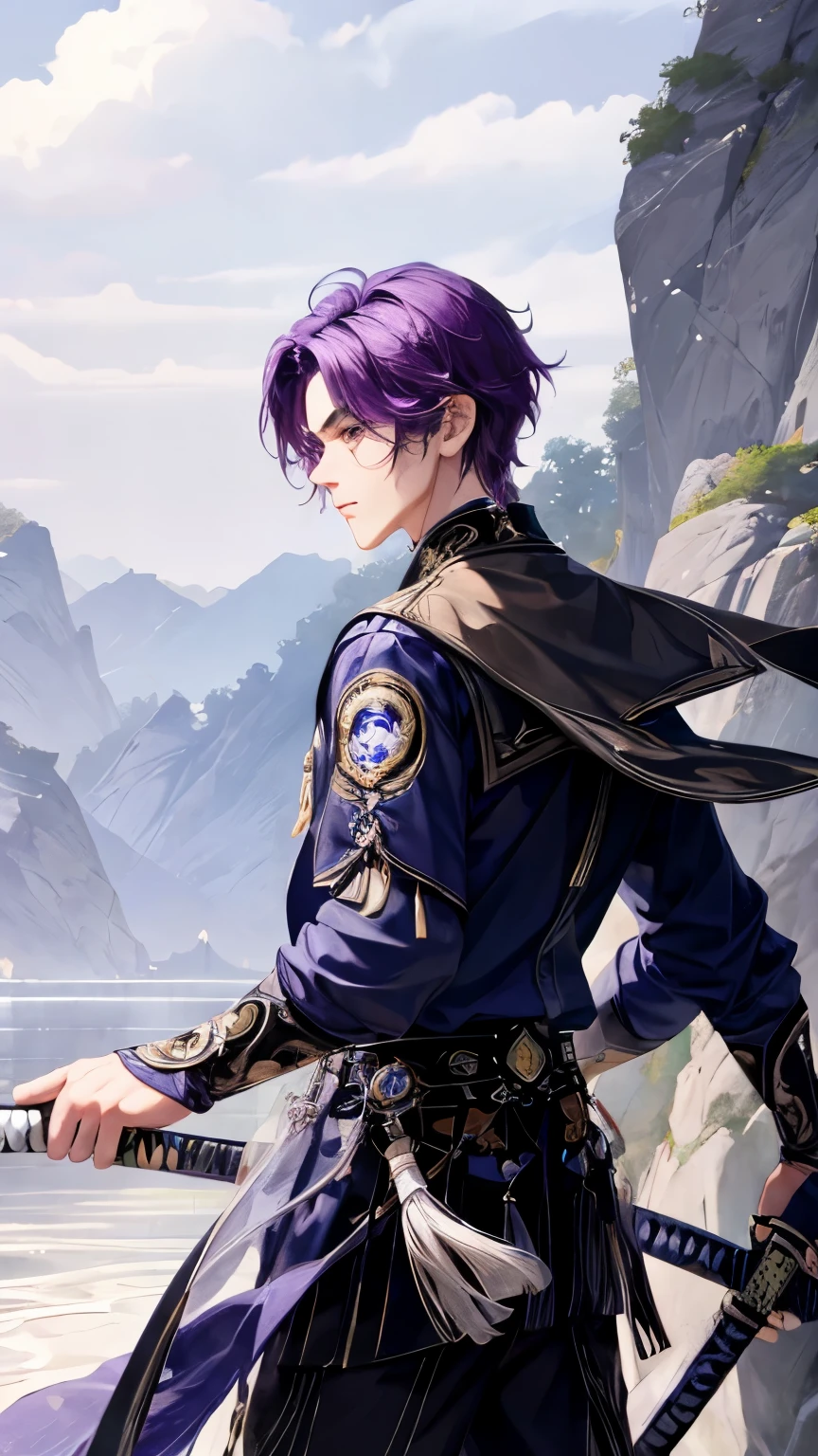 high quality, HD quality, 1Boy, purple hair, purple eyes, male school uniform, katana on his back, serious