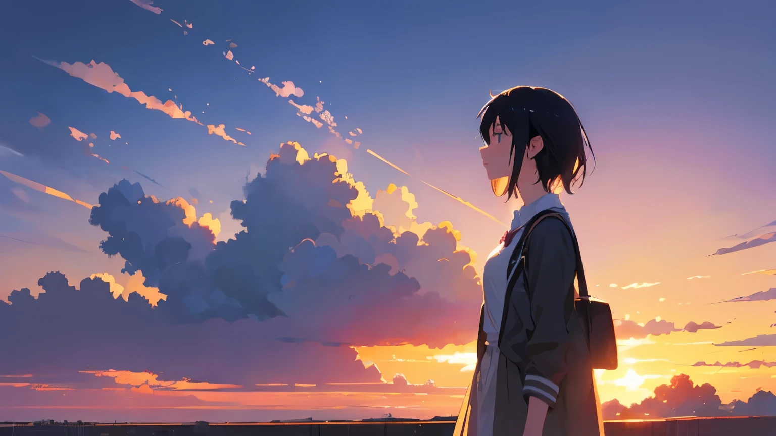 Create exquisite illustrations reminiscent of Makoto Shinkai's style, It has ultra-fine details and top-notch quality.  woman,Staring at the sky,sunset,sad expression