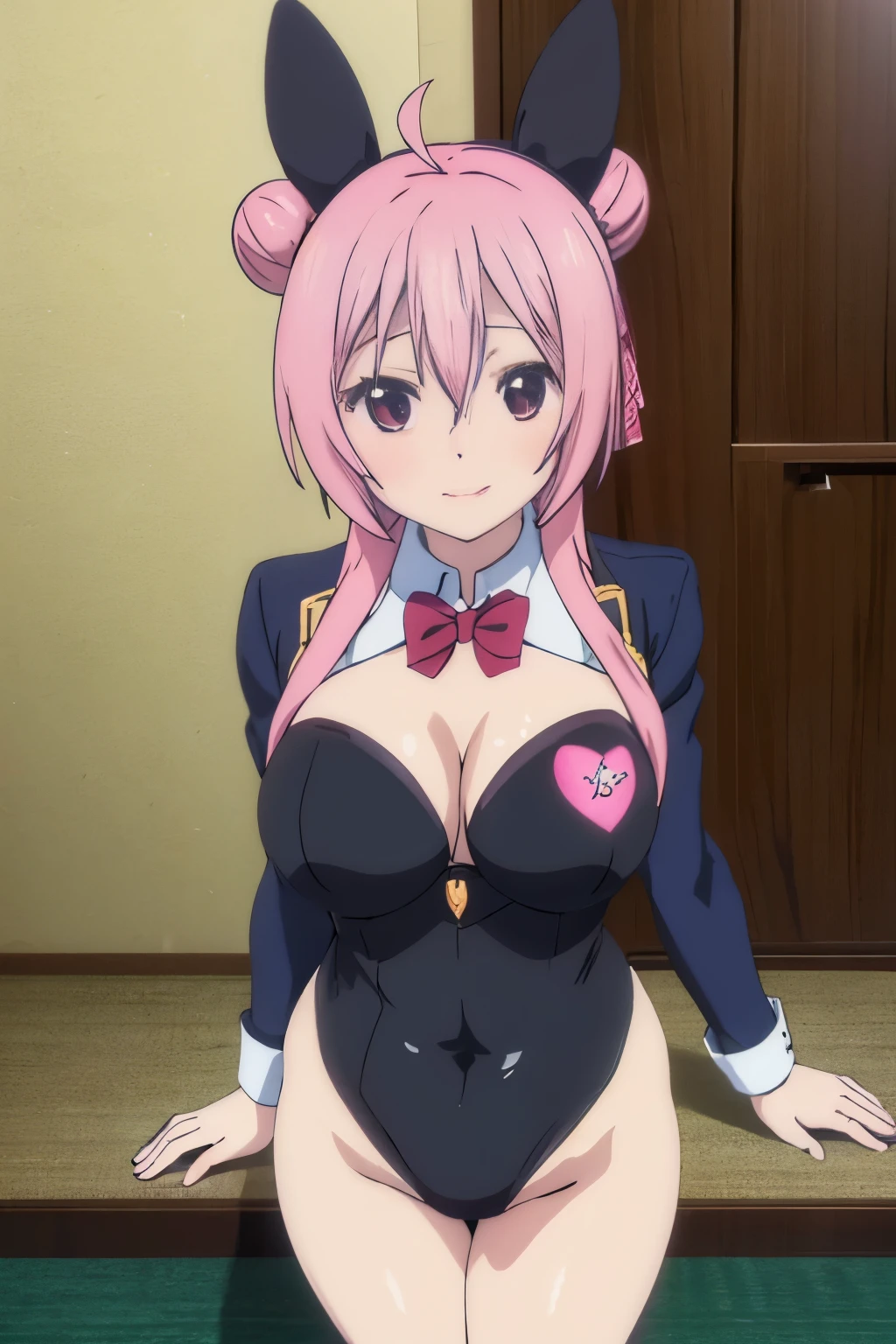 anime girl in a black bunny outfit , sexy outfit, sexy look, happy face, looking at the viewer, medium breast, sexy pose, show breast,  pink hair, detailed, High quality 