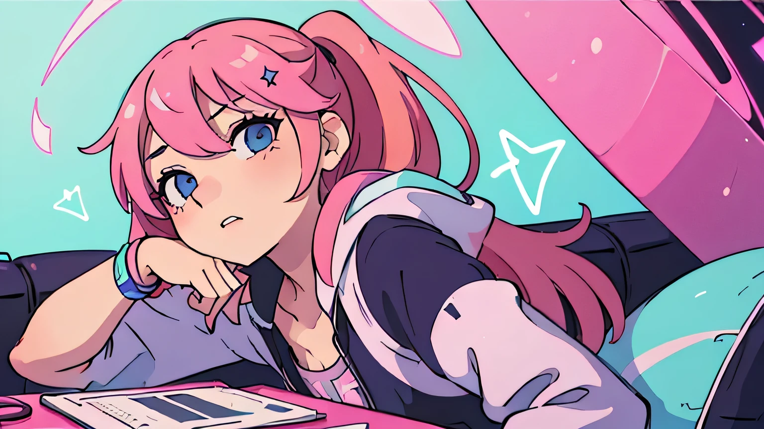 Gamer Girls, pink hair, Chill out at her neon disco, chill beat, anime style,