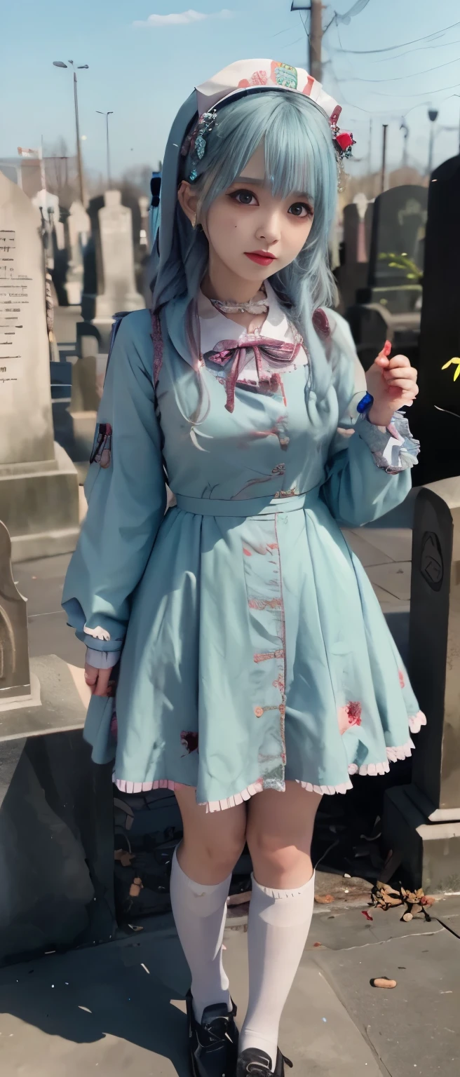 Zombie-covered idol、Full body Esbian、Zombie-covered mini nurse costume、Pastel Blue、cemetery