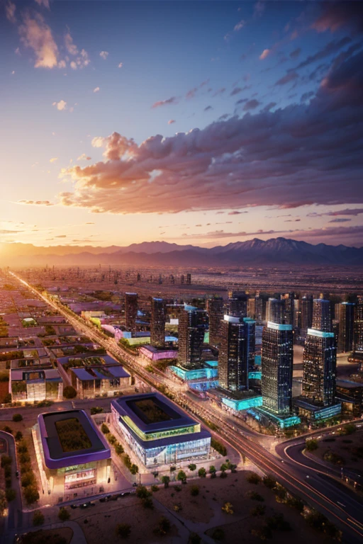 Mountain at sunset, a futuristic city in the desert as background, low clouds cover mountain, realistic+high intricate details, colorful clothing, full bodies, 16k.