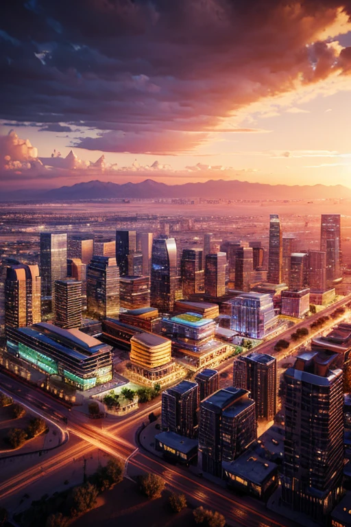 Mountain at sunset, a futuristic city in the desert as background, low clouds cover mountain, realistic+high intricate details, colorful clothing, full bodies, 16k.