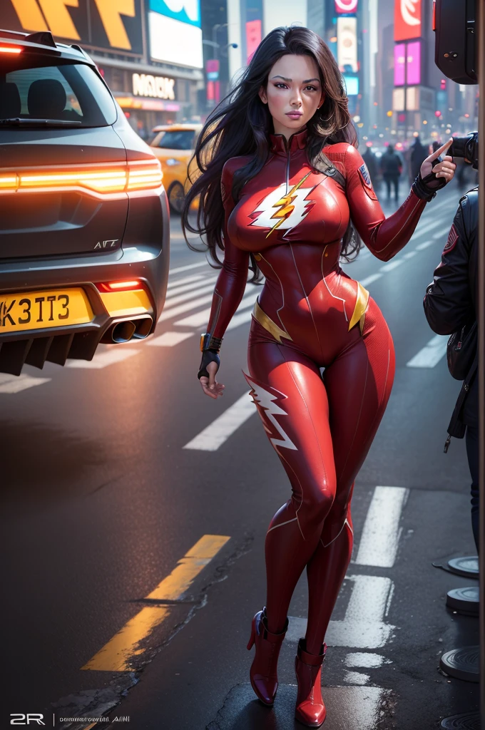 New York, Time Square, ((Flash Woman)) , Big Breasts , Medium Hips, Beautiful Legs, Slim, ((Ultra Realistic )), Icons, Vibrant Red and Burgundy Colors, Vector Style, Digital Art, 4K, Intricate Details , mesmerizing, professionally made, beautiful vector illustration, 12k resolution, ....3d, all detailed characters, ((highly detailed)), ((vibrant)),((ultra high quality)), ((hyper- realism)), ((photorealism)), [ Octane rendering], in the city, many cars (realistic)