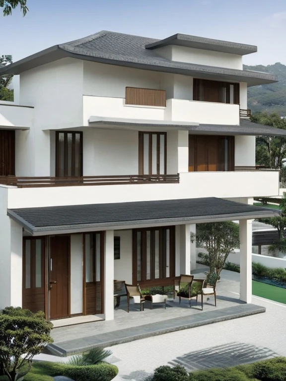 Spacious outdoor space，Aging-friendly sustainable space，Design of community cultural center for the elderly，building appearance，One-story building，Outdoor view，Incorporate Lingnan elements，tile，white wall，modernization，rendering，high quality，The entrance is clearly marked，Accessible Design，Streamlined floor plan，Sufficient lighting