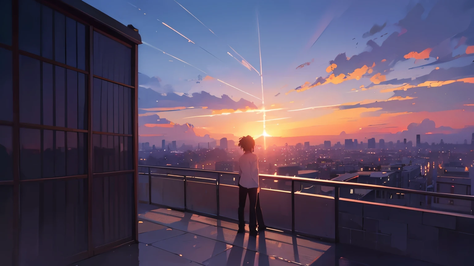 Create exquisite illustrations reminiscent of Makoto Shinkai's style, It has ultra-fine details and top-notch quality.  male,Staring at the sky,sunset,sad expression