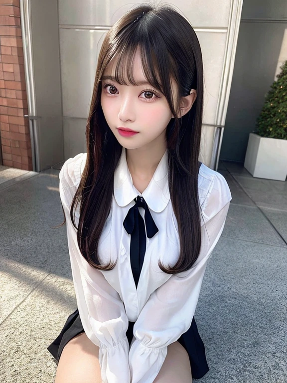 ((masterpiece)), (realistic: 1.2) masterpiece, 最high quality, high quality,High resolution,white skin,perfect body, 最high quality, ultra detail,big breasts,show your skin,Show cleavage, Mature,beautiful, black hair, long hair, With bangs,school uniform,over knee socks,glowing skin,Bewitching,thighs,foot, very detailed, parted lips