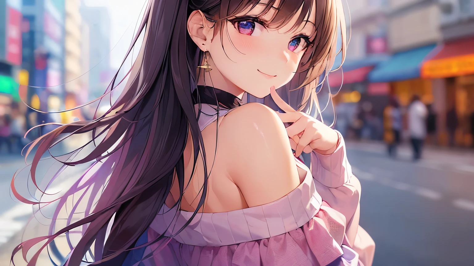 upper body close-up、(looking back:1.5), Realistic, real person, RAW photo, photorealistic, portrait photography, shiny skin, japanese idol、A 25-year-old woman with medium-long hair with bright chestnut bangs.、(wearing a white off-shoulder blouse:1.5)、shy, (Smiling embarrassedly:1.5), blush, Alone、The background is Ginza