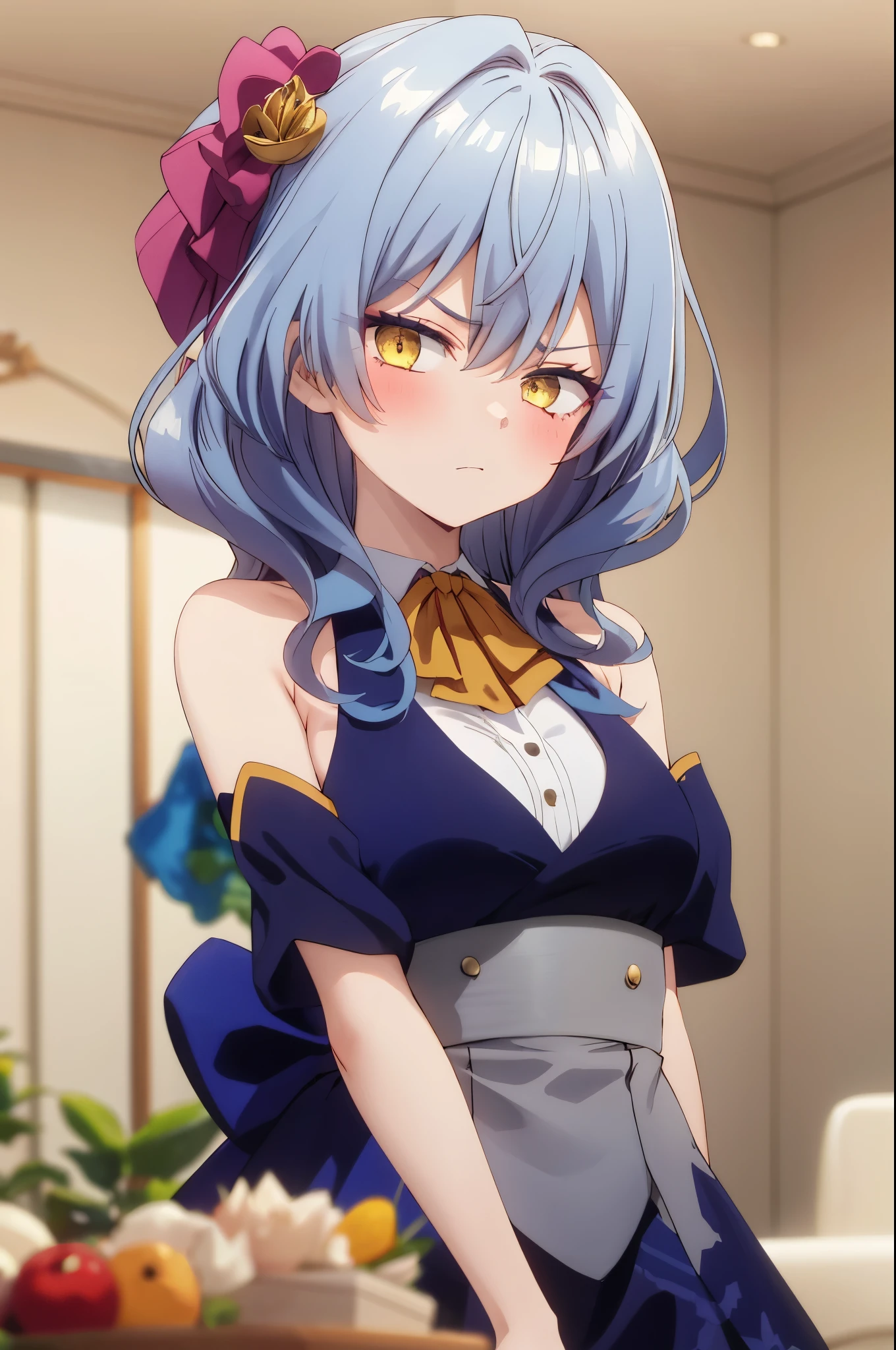 One girl with wavy hair, bangs, yellow eyes, looking at viewer, blushing, embarrassed, serious expression, indoor, living room, blue dress, sleeveless, bowtie, mid-chest, day atmosphere, hair ornament, medium breasts,  focus, blurry background, mature female, upper body