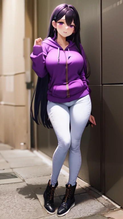 (Yuri wearing a ((purple zip up hoodie)), (white jeans), and purple knee high lace up boots with round toes), Large breasts, thick thighs, cute, full body image, back view, long hair, purple eyes, quality images, ((high quality faces)), underground, standing, shy and cute posing