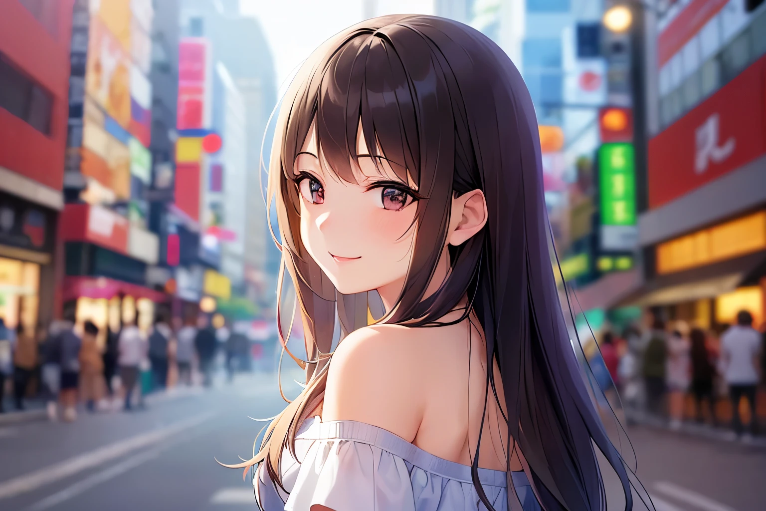 upper body close-up、(looking back:1.5), Realistic, real person, RAW photo, photorealistic, portrait photography, shiny skin, japanese idol、A 25-year-old woman with medium-long hair with bright chestnut bangs.、(wearing a white off-shoulder blouse:1.5)、shy, (Smiling embarrassedly:1.5), blush, Alone、The background is Ginza