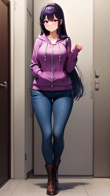 (Yuri wearing a ((purple zip up hoodie)), (blue jeans), and purple knee high lace up boots with round toes), Large breasts, thick thighs, cute, full body image, back view, long hair, purple eyes, quality images, ((high quality faces)), bedroom, standing, shy,cute girl pose,blushing and embarrassed 