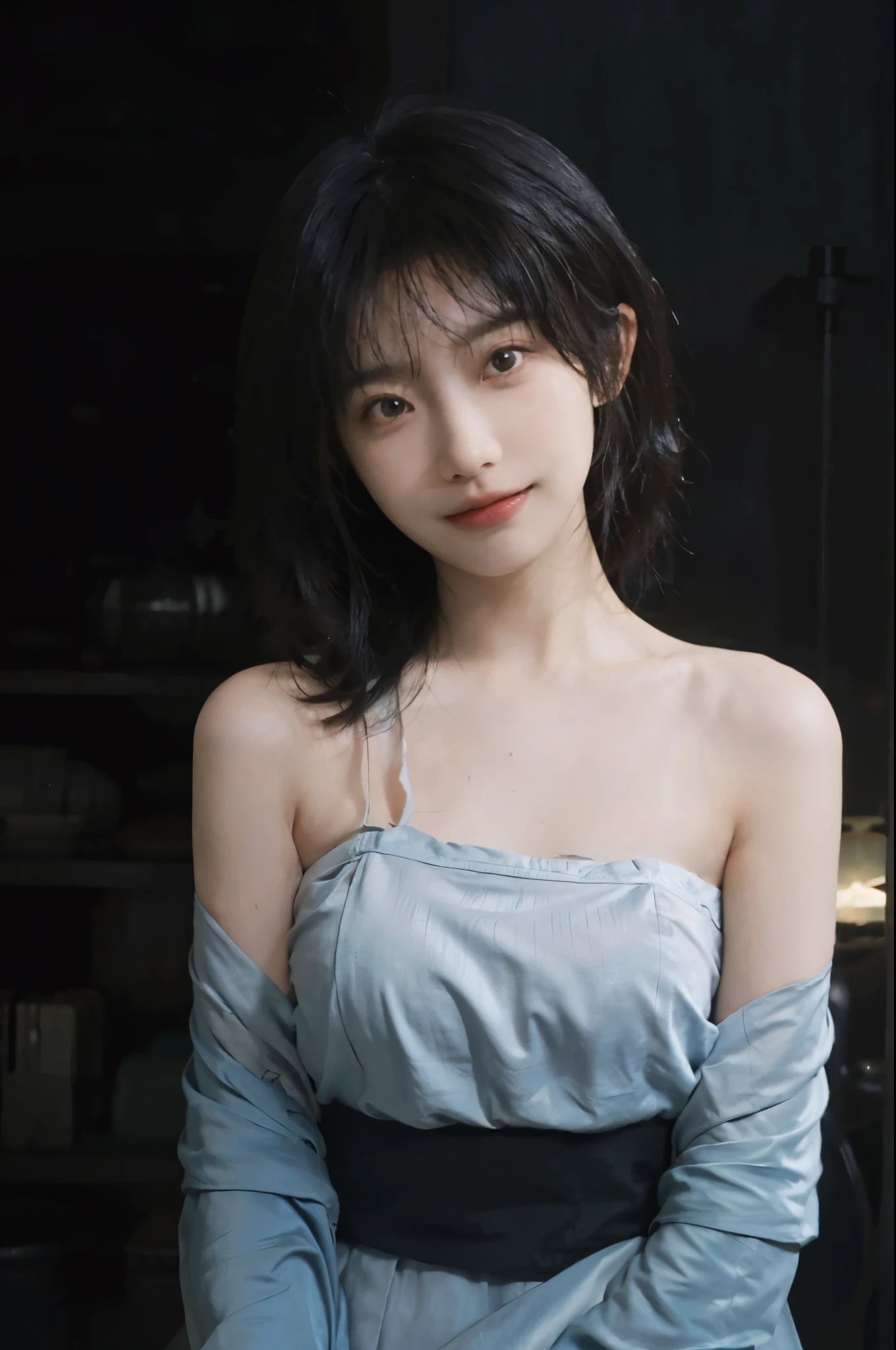 (realistic :1.5), official art, Unity 8k quality, Super details, Fine skin details, (angle), Texture, light, masterpiece, best picture quality,1 girl,giggle,curls,big eyes,Shoulder,in the darkness,deep shadow,clp style,backlight, rim light, national foundation,Mix 4,hanfu,real
