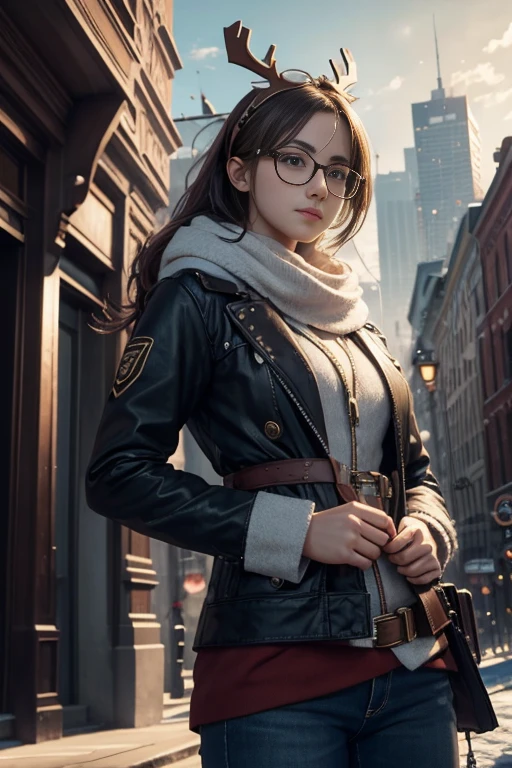 (extremely detailed CG unity 8k wallpaper),(masterpiece), (best quality), (ultra-detailed), (best illustration),(best shadow), city background, ,BREAK , P90christmas, eyewear on head, ,