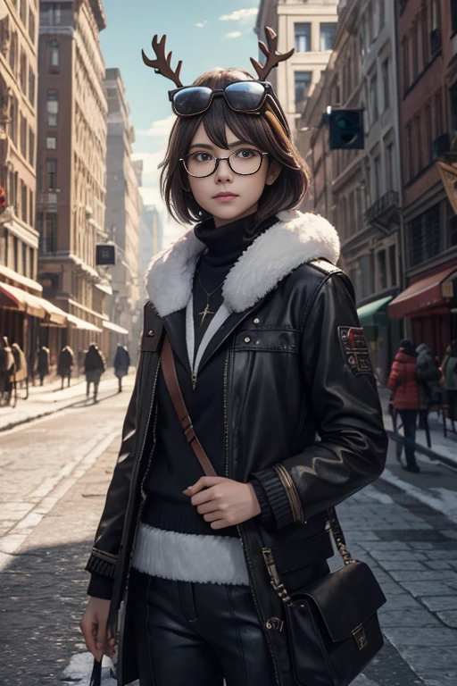 (extremely detailed CG unity 8k wallpaper),(masterpiece), (best quality), (ultra-detailed), (best illustration),(best shadow), city background, ,BREAK , P90christmas, eyewear on head, ,