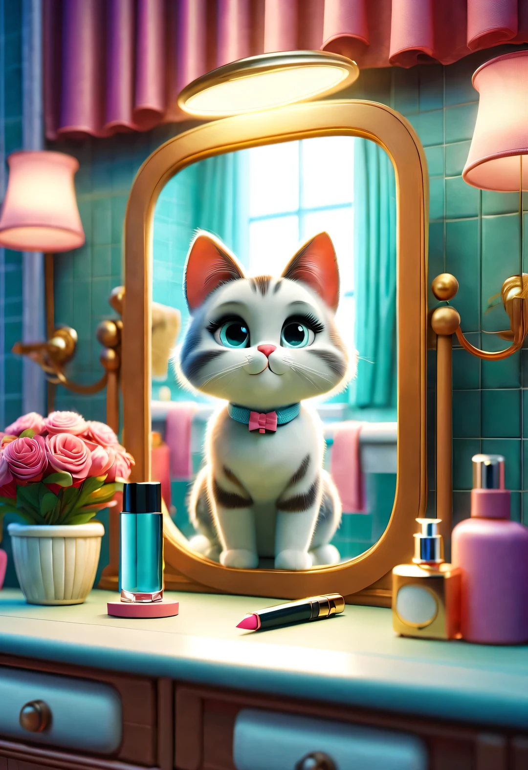 in style of cartoon moivie , 
 （A cute female cat in front of the dressing table，Make up in front of the mirror），nightcap，穿着嘻哈风格的睡衣和戴夸张地fnightcap，detailed details，beautiful details，lipstick，Makeup Pen，perfume，flowers，Magazine，
background：Bathroom 3d rendering， cartoon，illustration，Pixar，cartoon，ultra high definition， high quality，32k，
