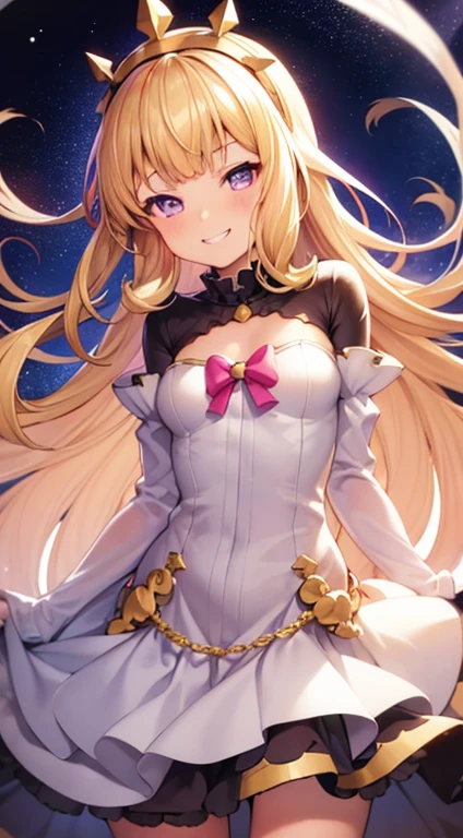 1 girl, alone, anime screenshot, Character Illustration, blonde hair, purple eyes, Cagliostro, long hair, CagliostroGrand, white dress, long sleeve, removed sleeve, frills, frillsドレス, hair band, small breasts, smile, grin and laugh, evil smile, smug, face focus, turn your arms behind your back, Upper body, look away, (leaning forward), playful pose, circle frame galaxy, pretty girl, shine, white background, transparent background, beautiful ilumination, Light of the sun, It&#39;s trending on pixiv, masterpiece, 8K, highest quality