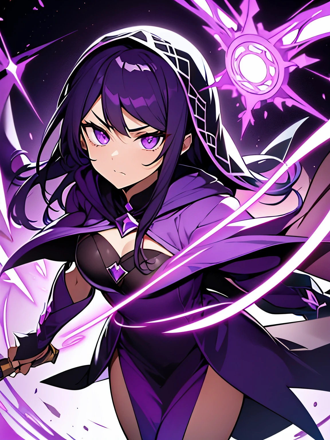 Sorceress girl, purple dress, hood, dark purple hair, Hateful look