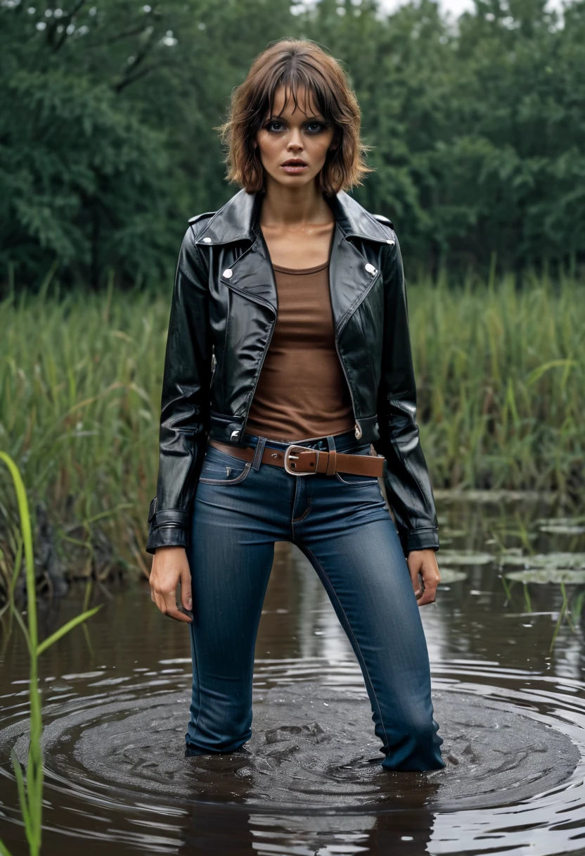 70s style shy woman in soaking wet high waisted flared jeans and leather jacket caught when indulging in her fetish while drowning in swamp