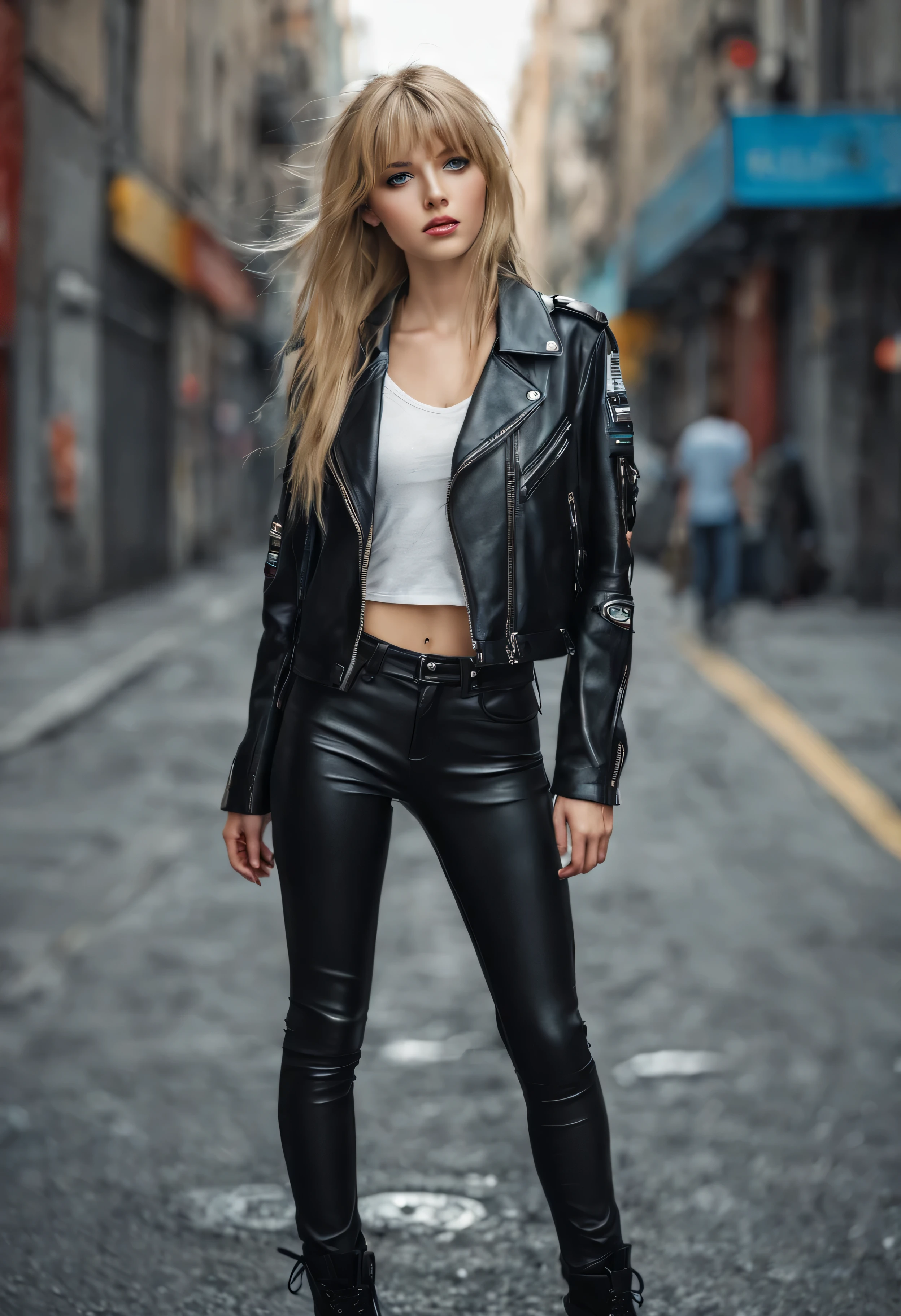 full body Realism, 16-year-old girl, long blond hair, bangs falling on her face, blue eyes, slightly open mouth, red lips, beautiful hairstyle, light makeup, round breasts, in a leather jacket, tight leather pants, beautiful shoes on her feet, walking city street in the background , detailed appearance, detailed hairstyle, detailed environment, detailed background, dark futuristic dead city in the background, the photo was taken with a photorealistic SLR camera, resolution full hd, 8K