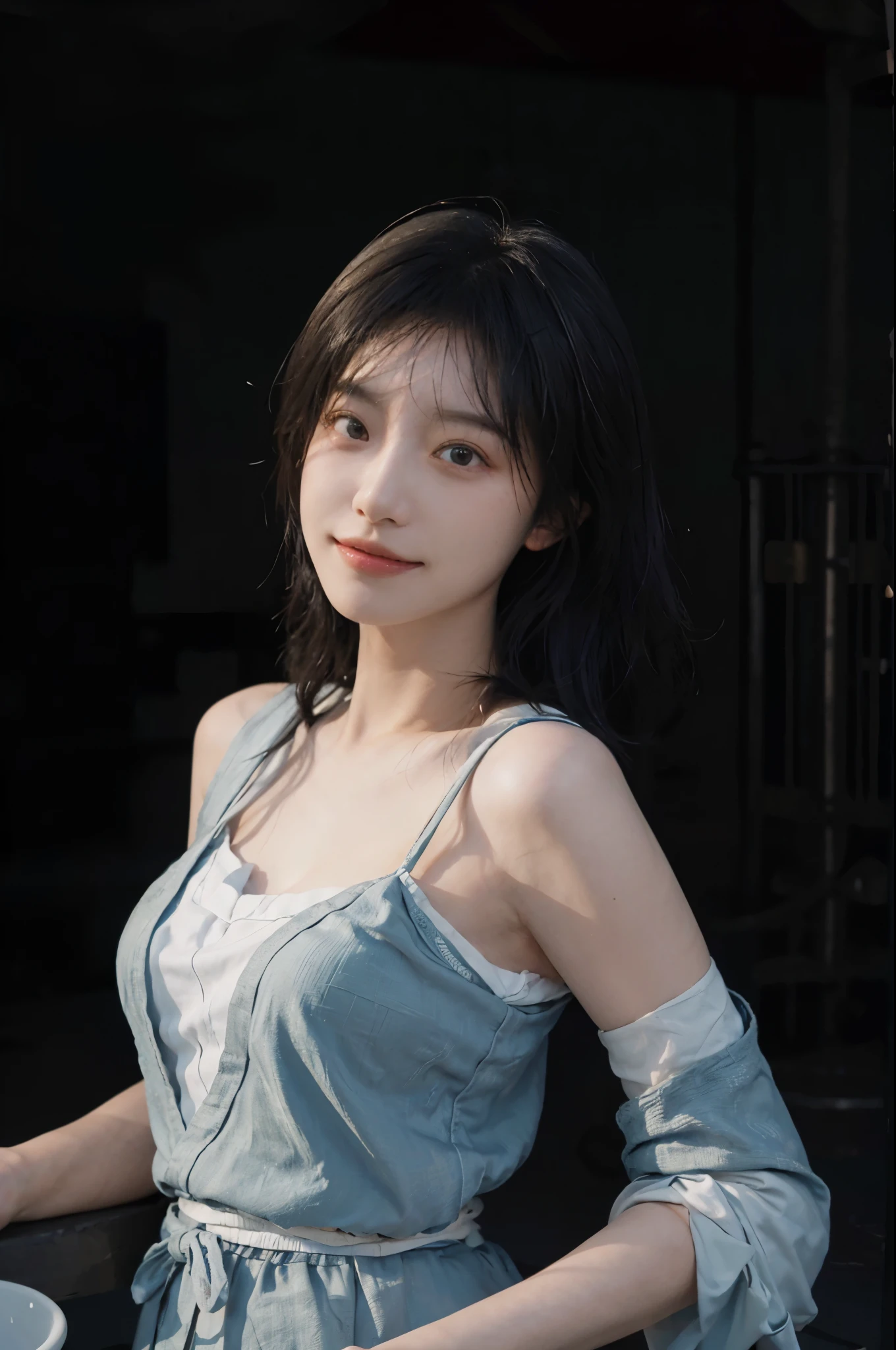 (realistic :1.5), official art, Unity 8k quality, Super details, Fine skin details, (angle), Texture, light, masterpiece, best picture quality,1 girl,giggle,curls,big eyes,Shoulder,in the darkness,deep shadow,clp style,backlight, rim light, national foundation,Mix 4,hanfu,real