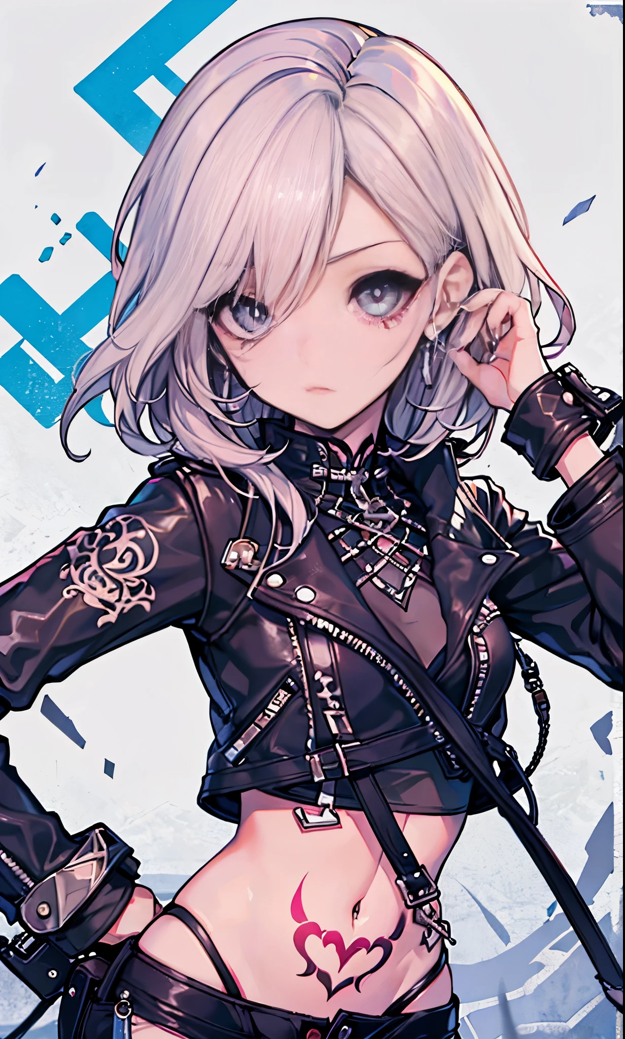 highest quality, clear and well-groomed face, Clear, bright and shining eyes, long eyelashes, punk girl, earrings, body tattoo, Leather shorts,