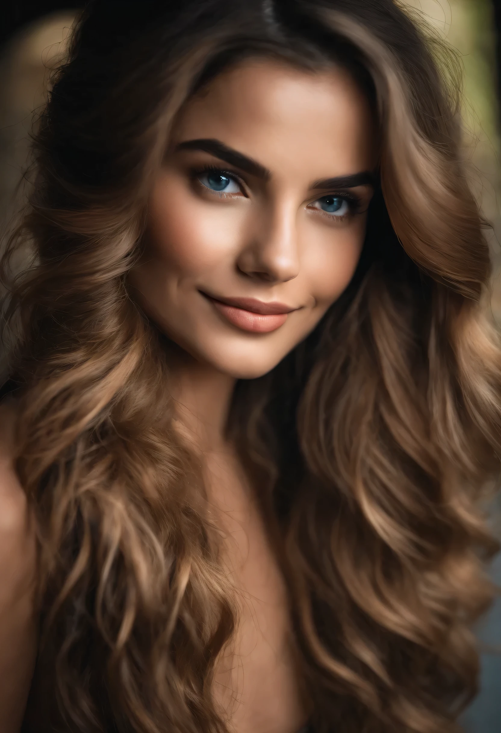 photo, woman (beautiful face:1.1), detailed eyes, delicious lips, (kitten makeup:0.85), smile, wearing dress, brunette skin, curly hair,realistic face, angelic face, brown eye --auto --s2