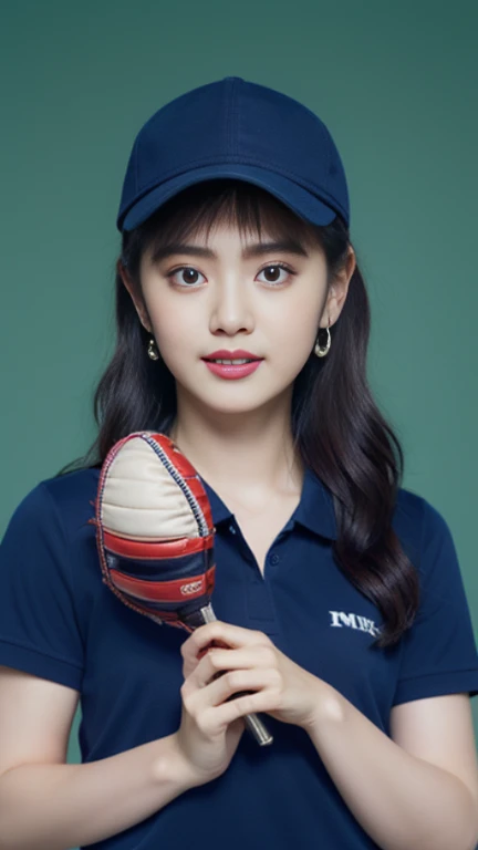 One girl、top-quality、masterpiece、超A high resolution、(Photorealsitic:1.4)、There is a woman wearing a baseball cap、wearing a dark blue polo shirt、baseball field