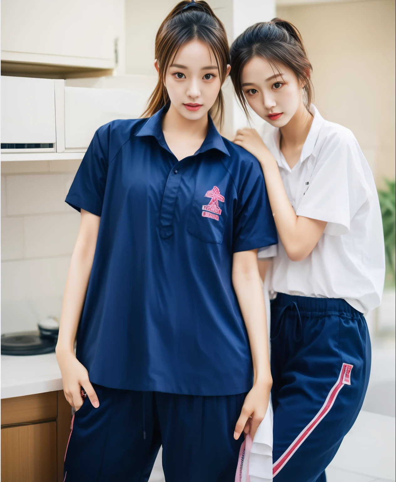 2 Girls in the Kitchen, Navy blue short-sleeved shirt,Navy Long Trackpant,Sweatpants, Sweatpantsขายาว,25 year old girl, lesbian, sexy, exercise clothes, wet body, exercise clothes