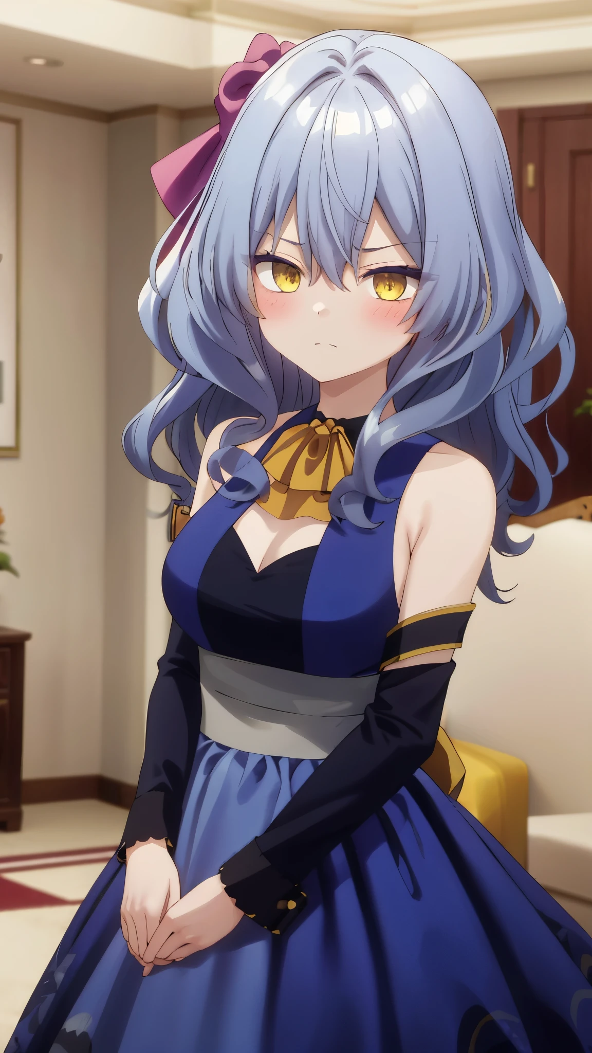 One girl with wavy hair, bangs, yellow eyes, looking at viewer, blushing, embarrassed, serious expression, indoor, living room, blue dress, sleeveless, bowtie, mid-chest, day atmosphere, hair ornament, medium breasts,  focus, blurry background, mature female, upper body