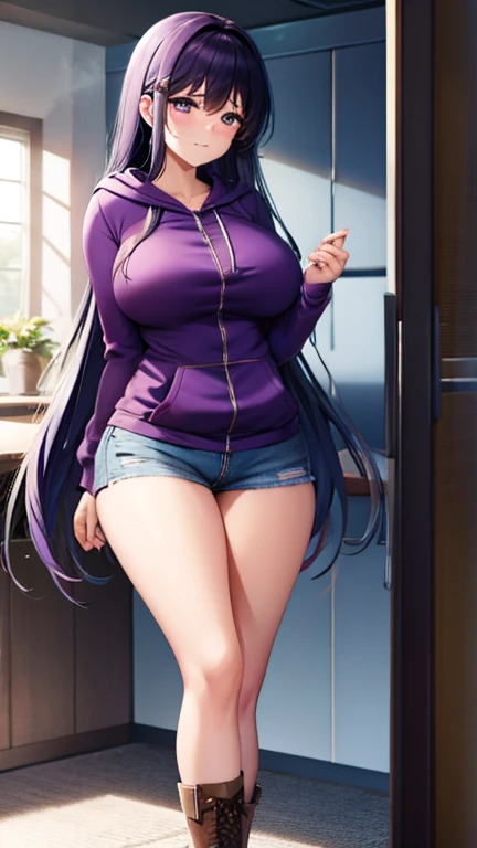 (Yuri wearing a ((purple zip up hoodie)), (blue jeans), and purple knee high lace up boots with round toes), Large breasts, thick thighs, cute, full body image, back view, long hair, purple eyes, quality images, ((high quality faces)), bedroom, standing, shy, cute women pose, blushing and embarrassed 